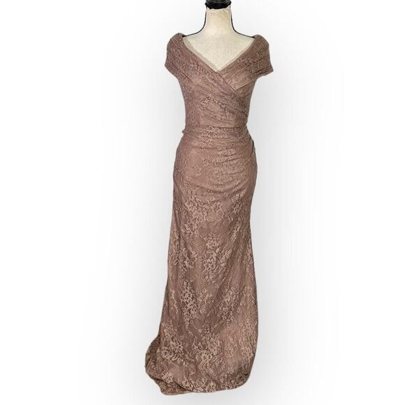 La Femme 27982 Gown Women's 2 Cocoa V-Neck Off Shoulder Knit Lace Long Dress - Picture 3 of 7